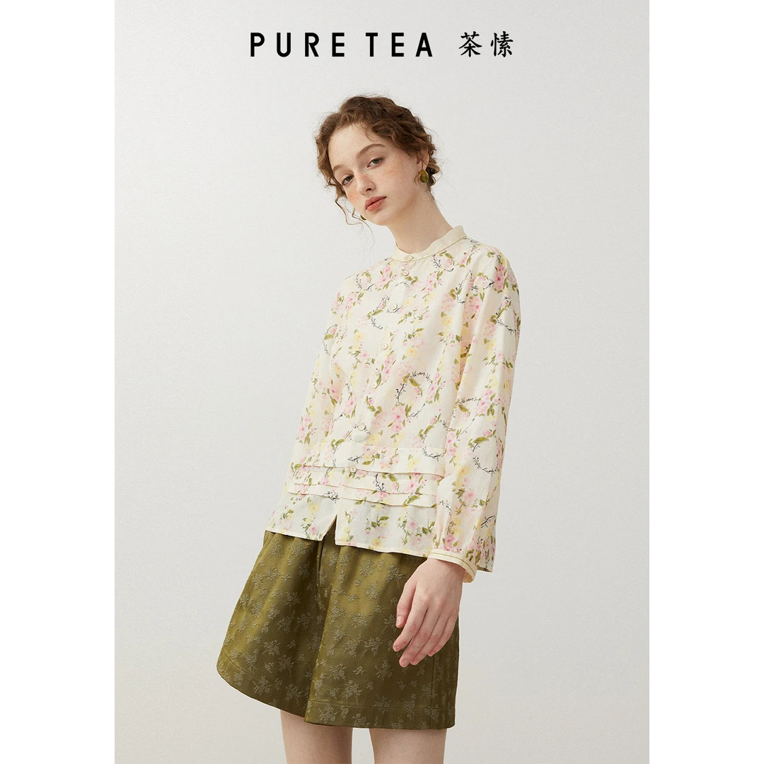 PURE TEA/茶·愫堇色卡特兰印花衬衫风琴褶24年春季新品TB0501B11