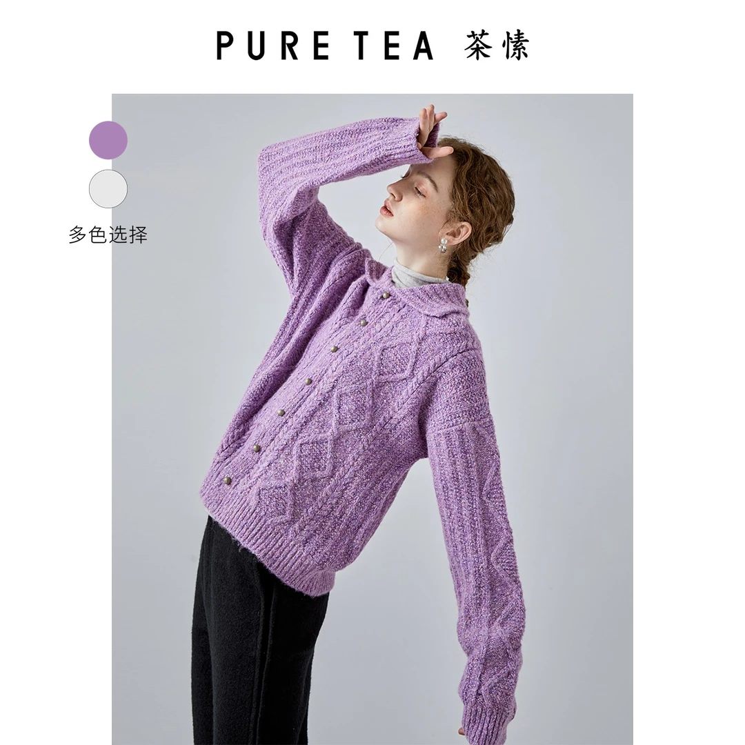 绞花羊毛开衫puretea茶愫短款灯笼袖毛衫KK0503B11