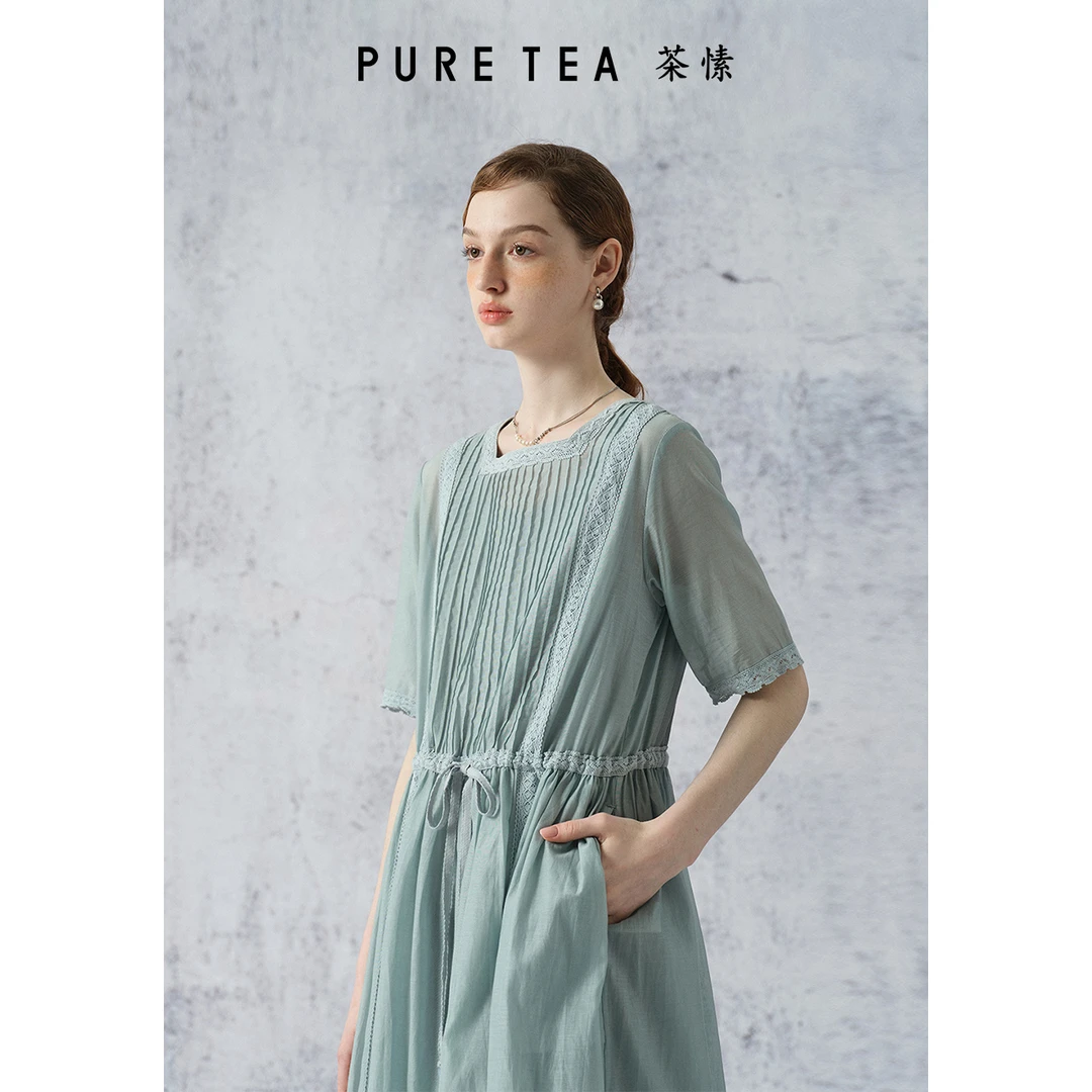 【基础衣橱】puretea茶愫方领连衣裙女风琴褶2024夏季新款KD0202B21