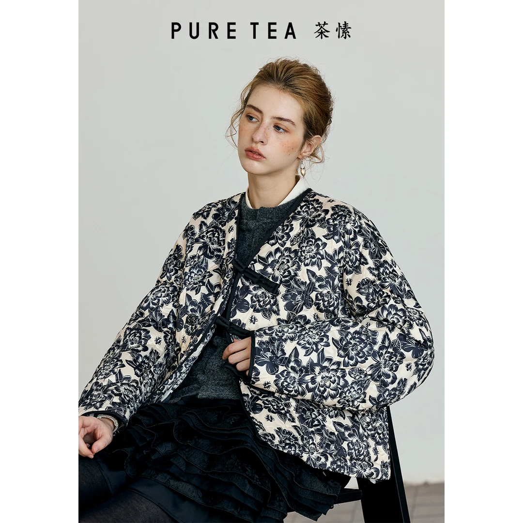 富贵牡丹中式盘扣羽绒服女V领绗缝弧形袖2024冬新KF1501C41