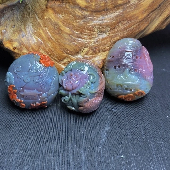 天然四川凉山原矿盐源玛瑙蓝色包浆苏工巧雕凤凰缠花悟道佛摆件