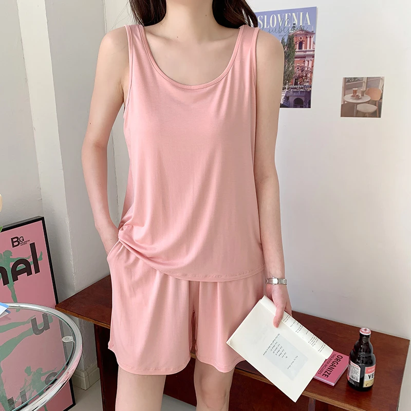 夏季新款莫代尔背心短裤睡衣套装女休闲大码家居服可外穿两件套