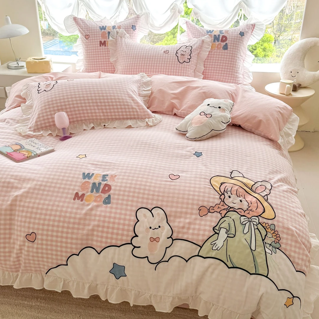 可爱女孩少女心韩版全棉水洗棉四件套纯棉床笠三件套