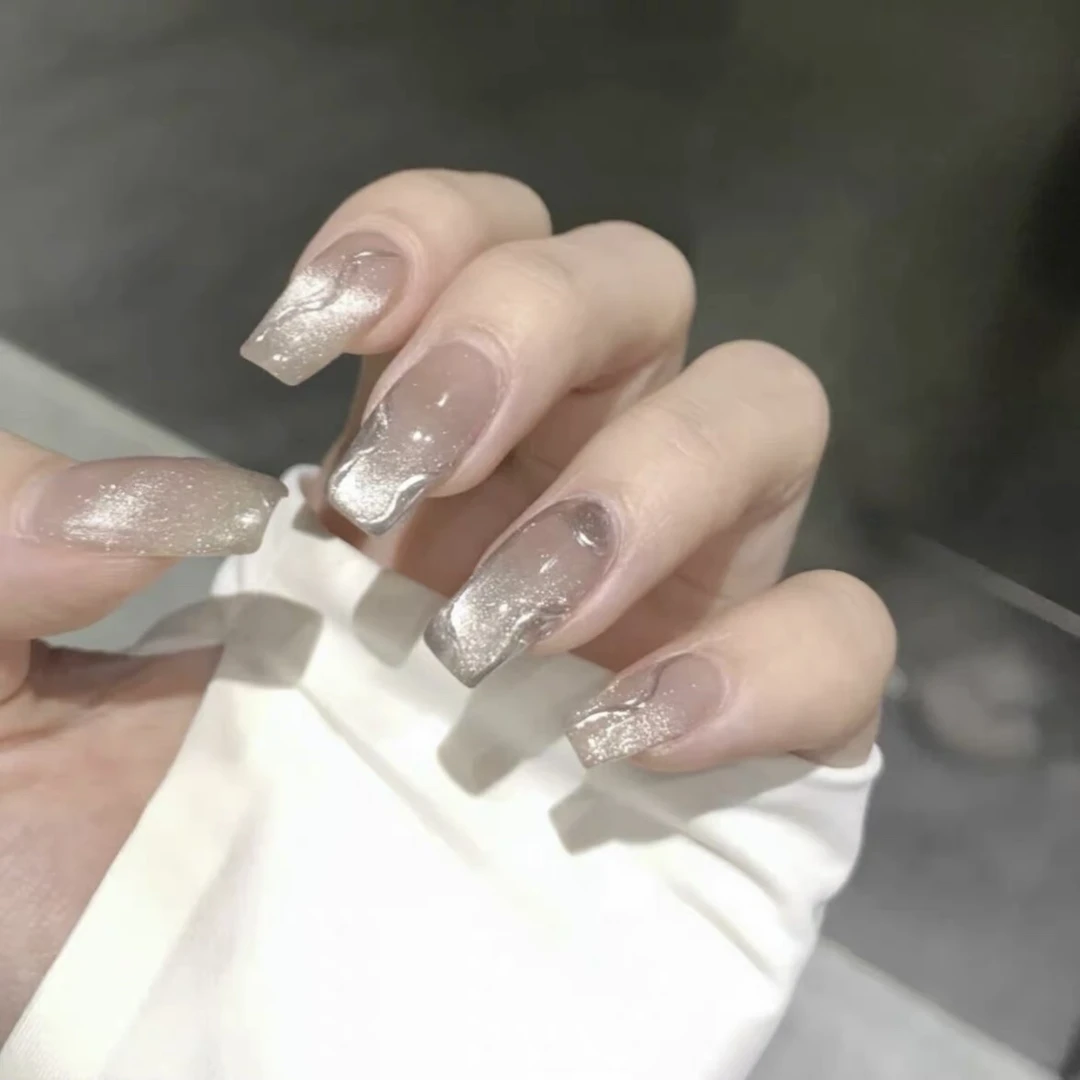 【墨镜粉猫眼法式】手工穿戴甲冰晶猫眼渐变冰透气质高级感#19256