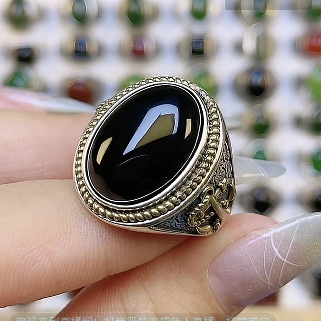 S925银镶嵌天然黑金刚黑玛瑙蛋面一帆风顺设计师款
