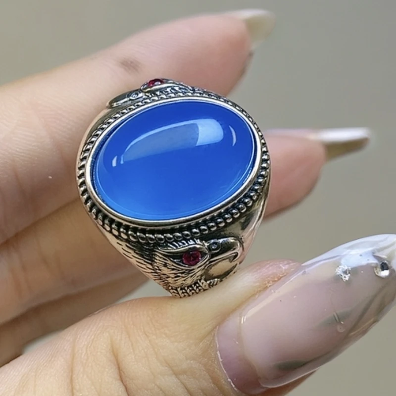 S925银天然宝石蓝玛瑙鹰戒