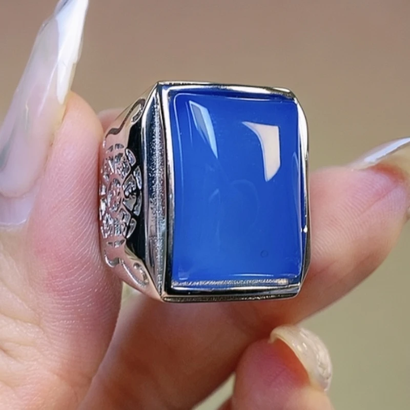 S925银天然蓝冰玉髓六字时尚戒指