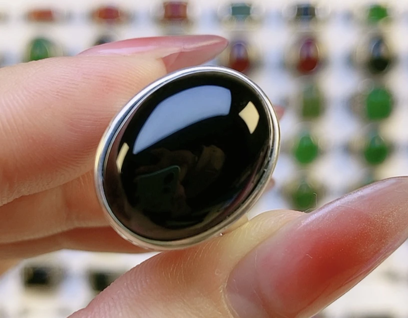 S925银镶嵌天然黑金刚玛瑙大鸽子女戒