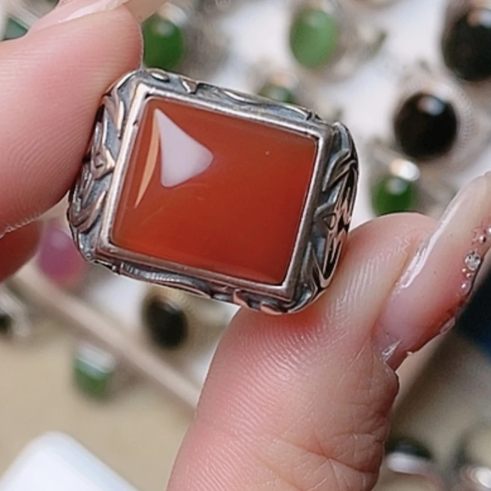 S925银天然红玛瑙复古风男戒高端大气上档次hf