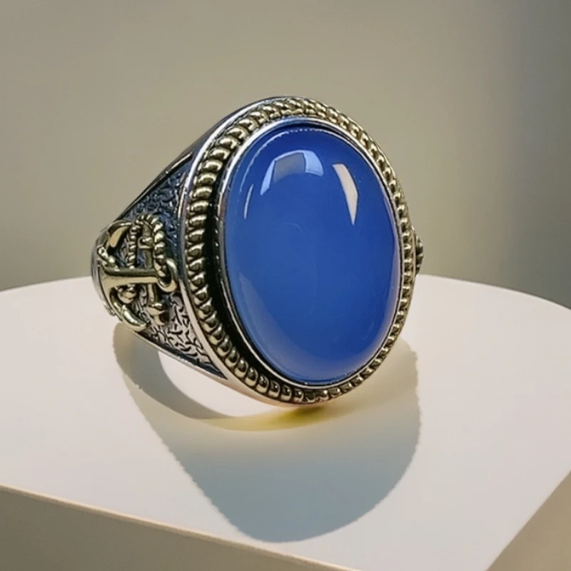 S925银天然宝石蓝玉髓戒指一帆风顺