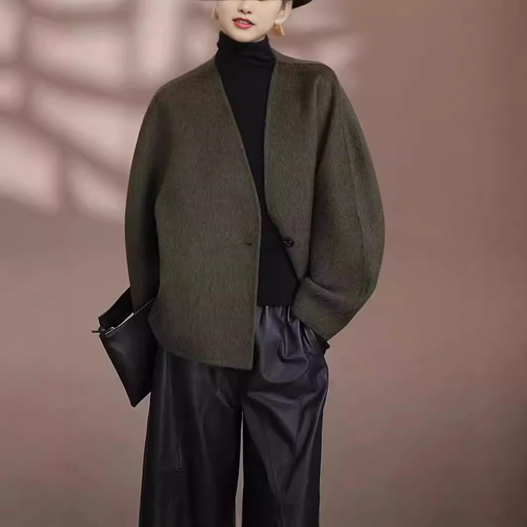 松脂玉璞 轻奢休闲百搭2024冬宽松双面羊毛大衣 短款毛呢外套女
