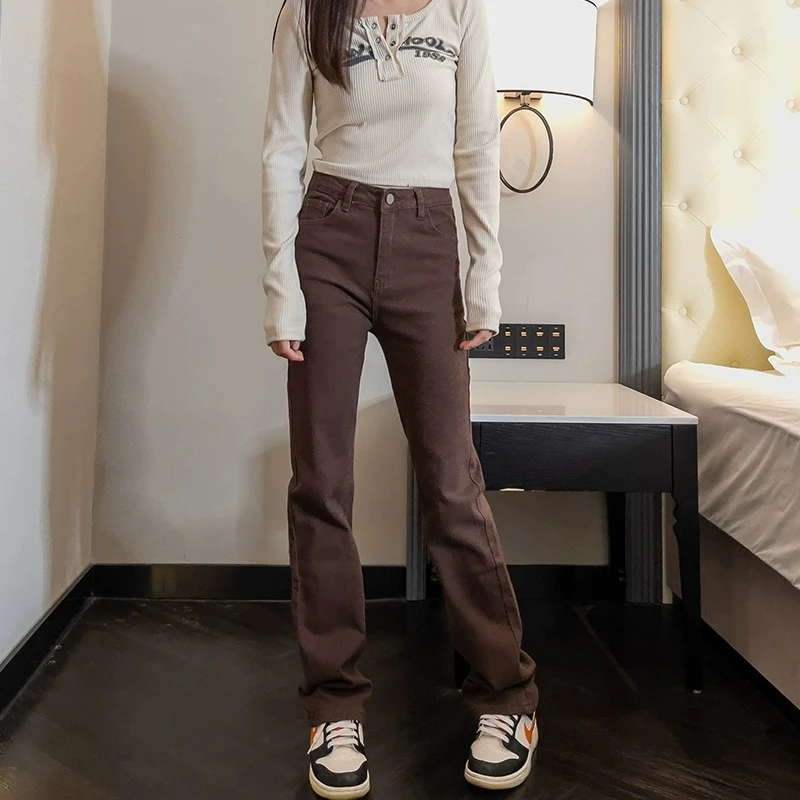 牛仔裤女窄版高腰加长高个子2025秋冬加绒复古棕色烟管直筒裤拖地