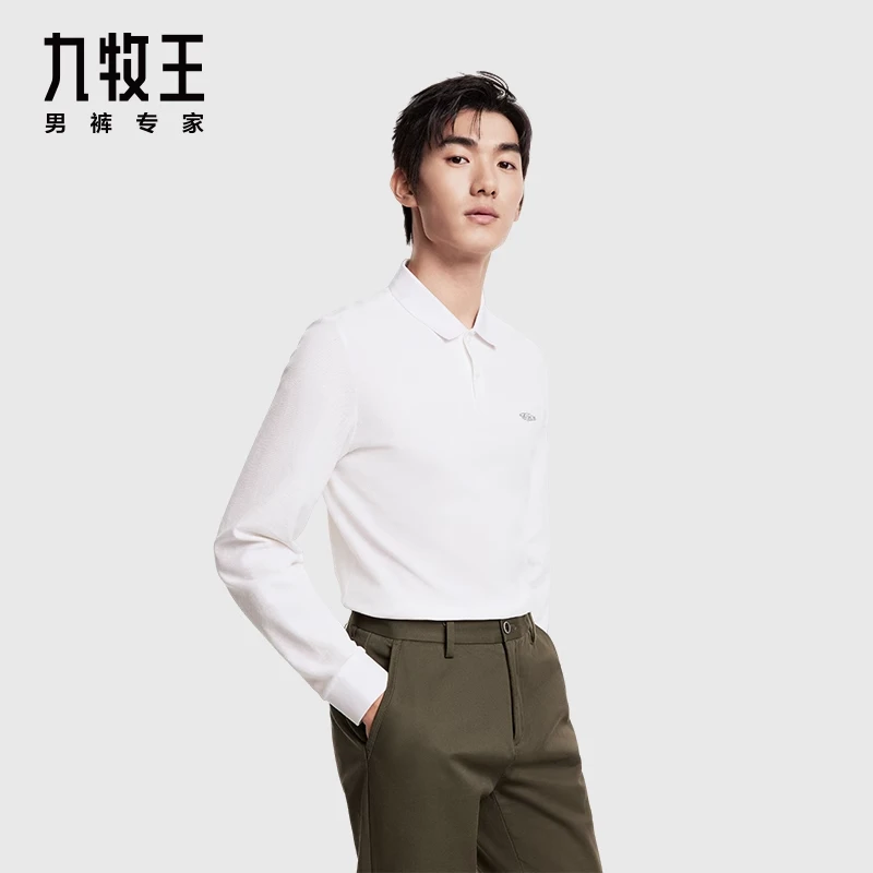 【双丝光100%棉-长袖polo】九牧王男装春季新款休闲通勤上衣