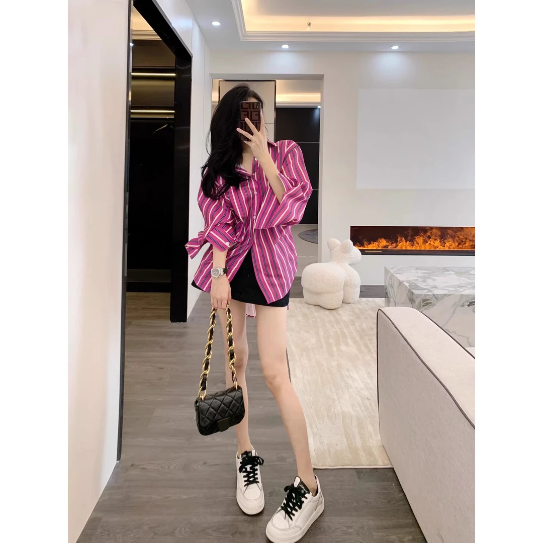 Leathercat衬衫女秋季新款港风设计感宽松百搭条纹外套高级感上衣