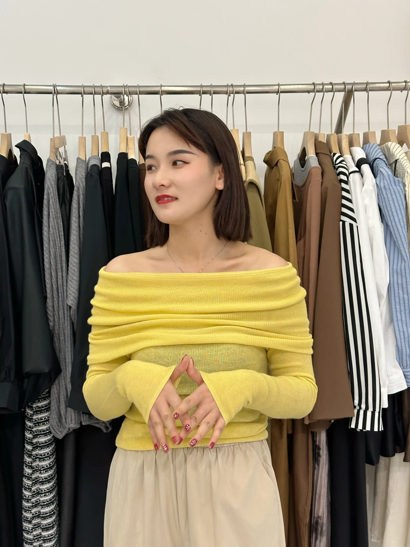 长袖针织衫女春季2023韩版新款一字领褶皱修身显瘦洋气纯色上衣