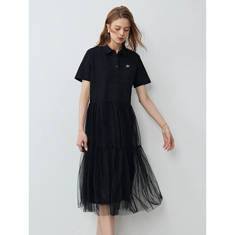 【双11返场】初语黑色收腰裙子时尚百搭女遮腹网纱休闲气质POLO裙
