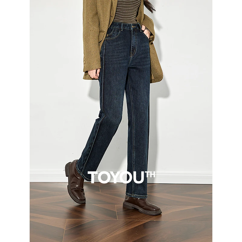 初语微弹牛仔裤加绒保暖显瘦直筒裤子女2025秋冬新款宽松春秋长裤