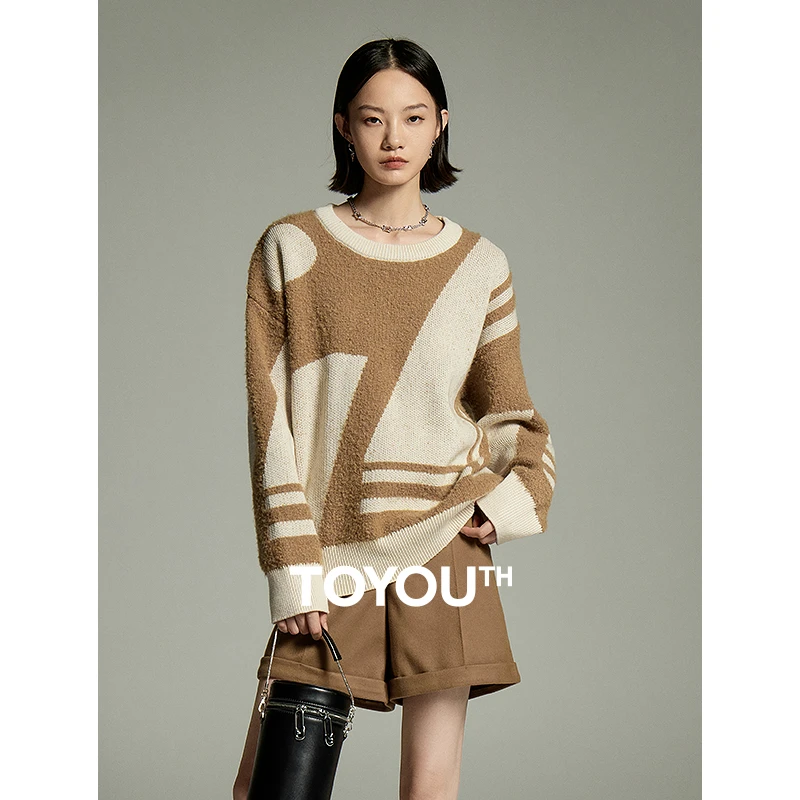【欧若风穿搭】初语几何撞色毛衣女秋新款宽松圆领软糯针织衫上衣