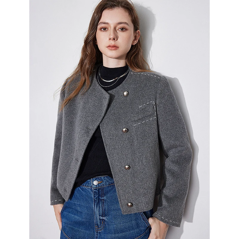 【年终狂欢购】初语时尚双面呢毛呢2025年小香风新款斜门襟气质外套