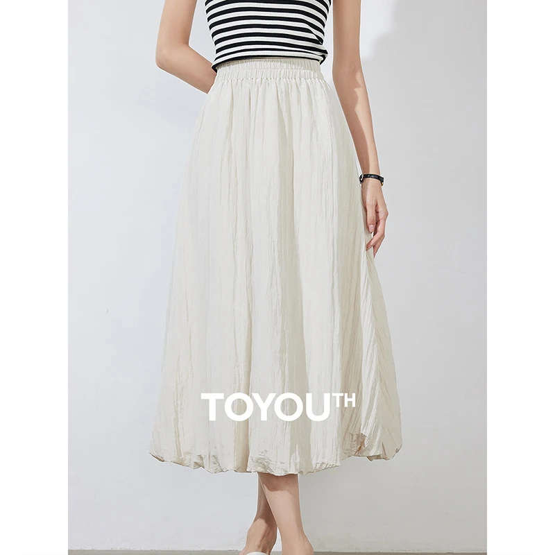 TOYOUTH初语微皱纹理花苞裙女2024年白色新款空气感弹力腰半身裙
