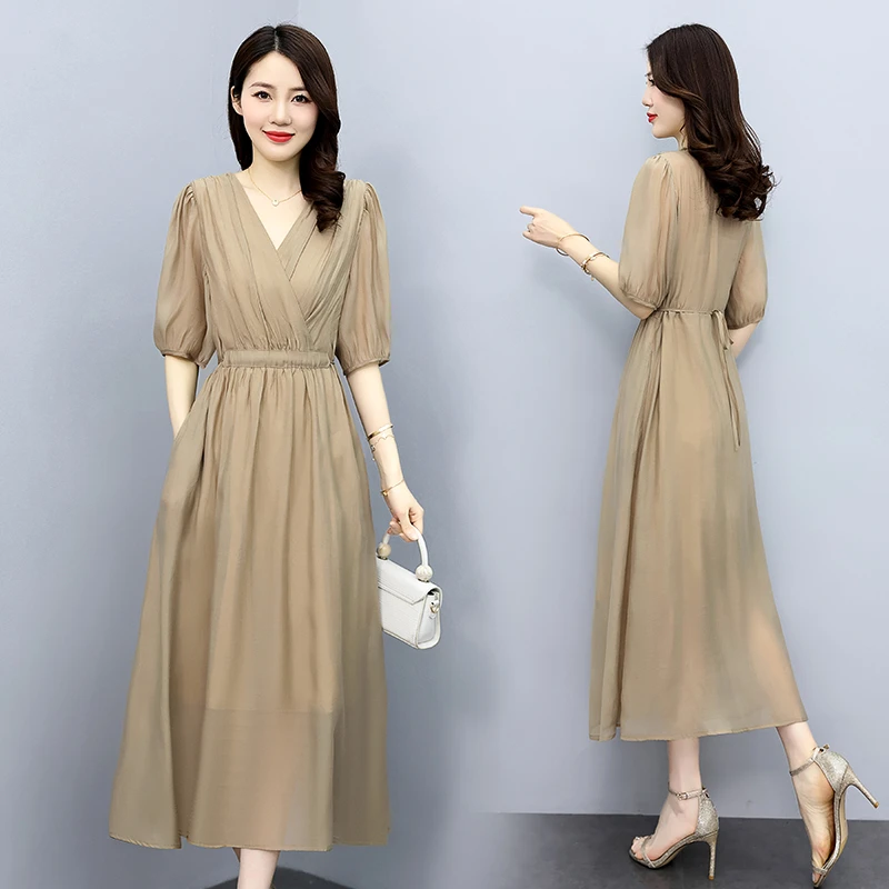 哥弟阿玛施正品新真丝连衣裙女夏季奢华高端显瘦气质桑蚕丝长裙子