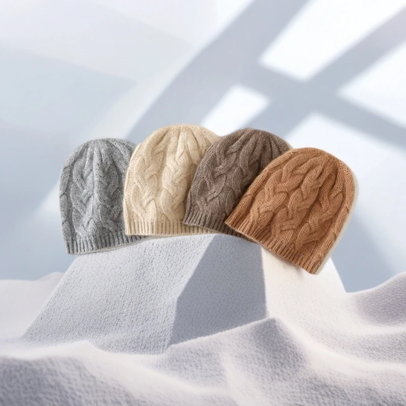 100%纯山羊绒帽时尚麻花针织帽秋冬绞花冷帽保暖护耳百搭羊绒线帽