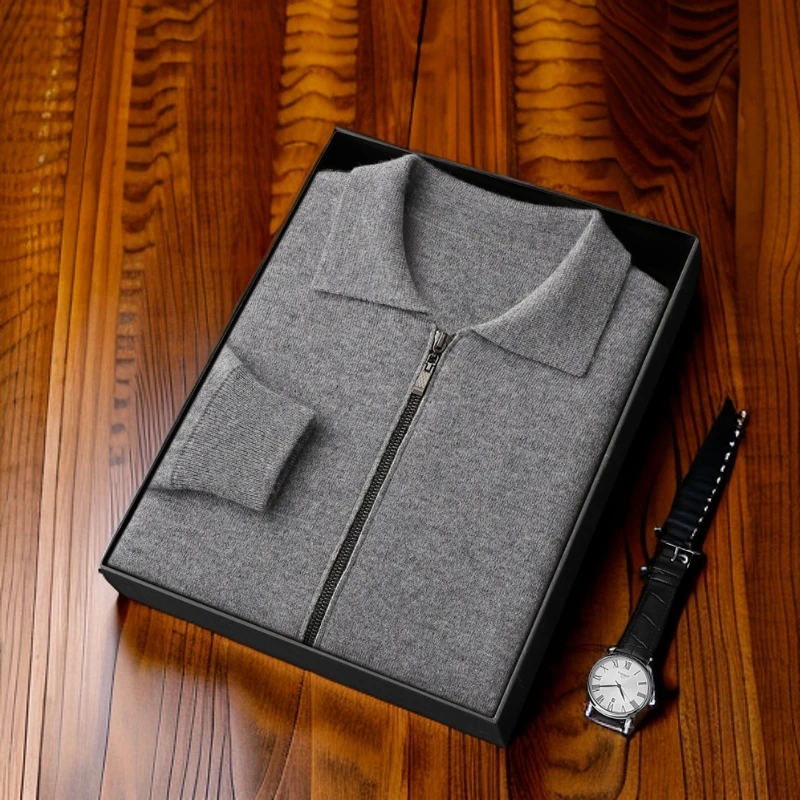 BAIYI【羊绒衫】加厚纯山羊绒开衫男空气层四平针织拉链商务休闲