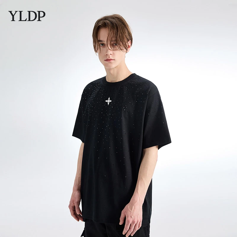 YLDP高街奢潮亮闪不规则手工烫钻廓形短袖T恤