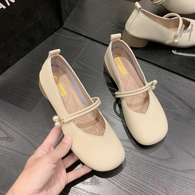 女鞋皮鞋百搭夏季软底粗跟温柔浅口带子口仙女风小皮鞋