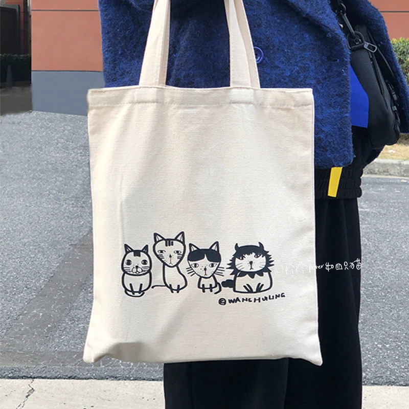 玲玲Peter和四只猫-四大金刚猫手绘插画单肩手提文艺布包手提