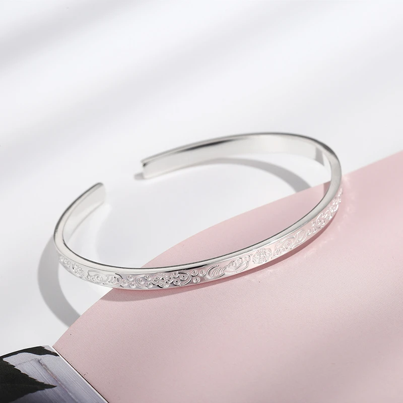 足银手镯 足银手镯 百搭素圈手饰波西米亚花纹简约个性