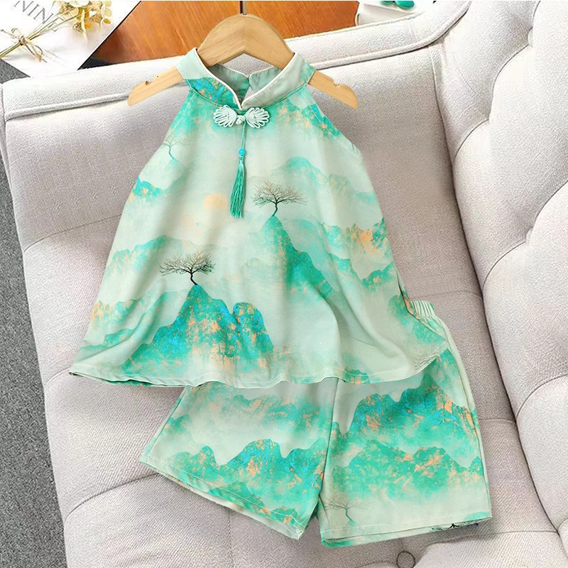 女童中国风洋气套装2025夏季新款女宝宝新中式吊带短裤两件套潮