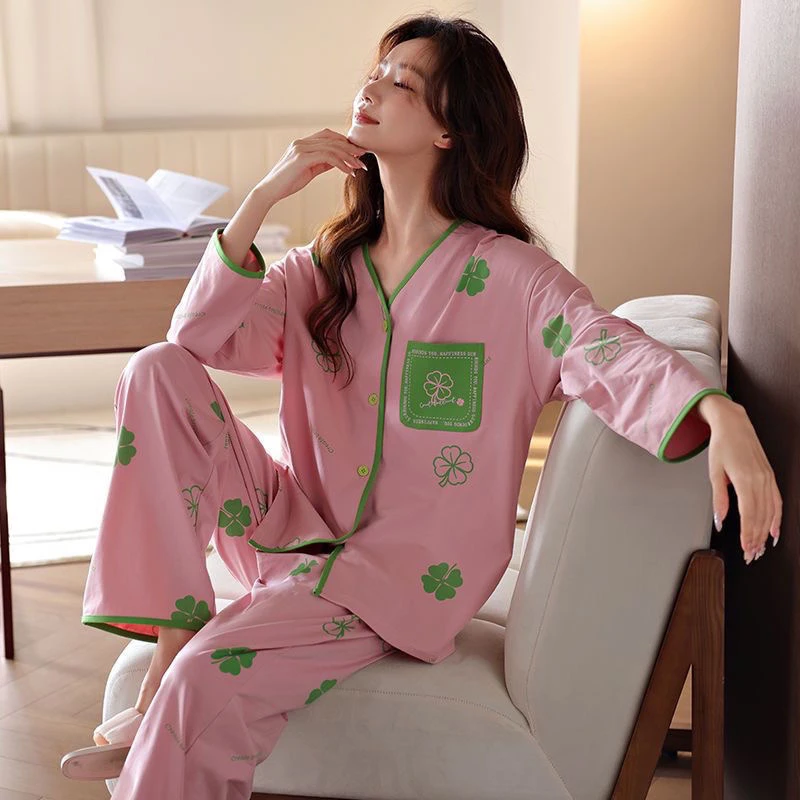 新款女士睡衣春秋纯棉长袖长裤两件套装2024秋季新款可外穿家居服
