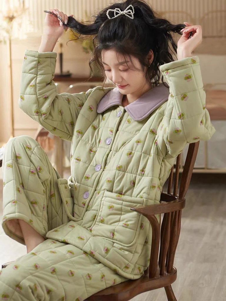 新款秋冬季三层加厚保暖夹棉睡衣女士珊瑚绒碎花家居服套装冬天