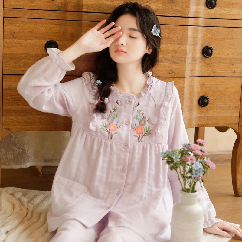 睡衣女春秋款纯棉棉麻2023年新款甜美日系少女纯欲风家居服套装