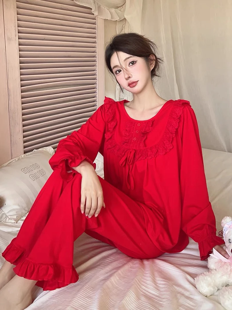 红色本命年睡衣女春秋季纯棉长袖新款套装新婚新年春节喜庆家居服