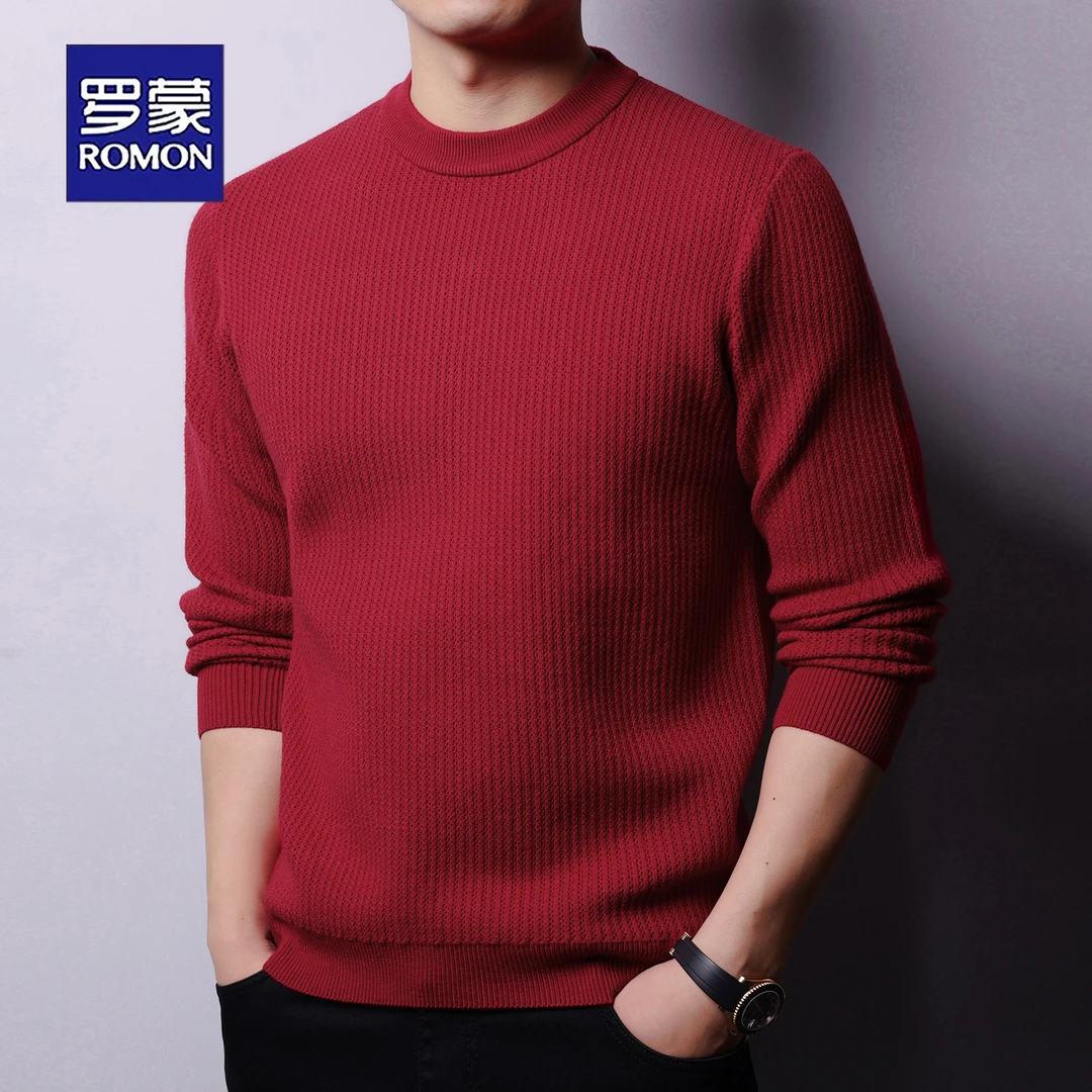 【绵羊毛混纺】罗蒙冬季保暖加厚毛衣针织衫打底衫新款红色毛衣男士
