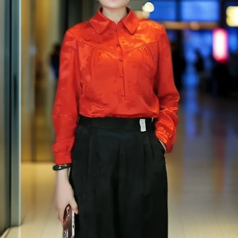 女士秋季新款红色衬衫