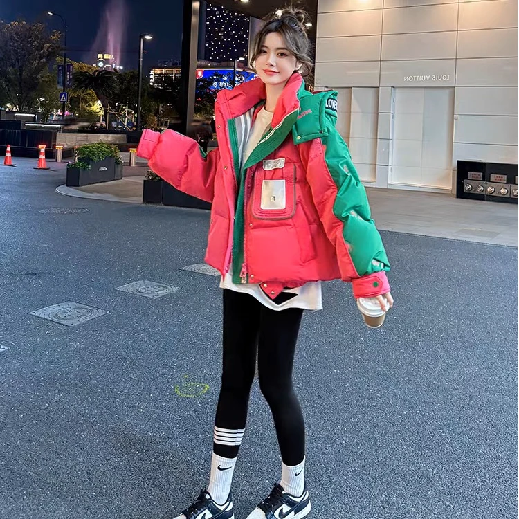 潮牌90高端5D拼色印花宽松女2025短款冬季保暖粉色羽绒服