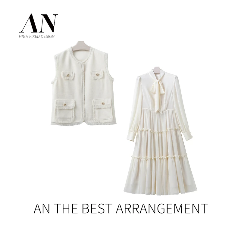 AN定制【桃夭】设计师款百搭显瘦时尚气质长袖连衣裙套装AT2307055