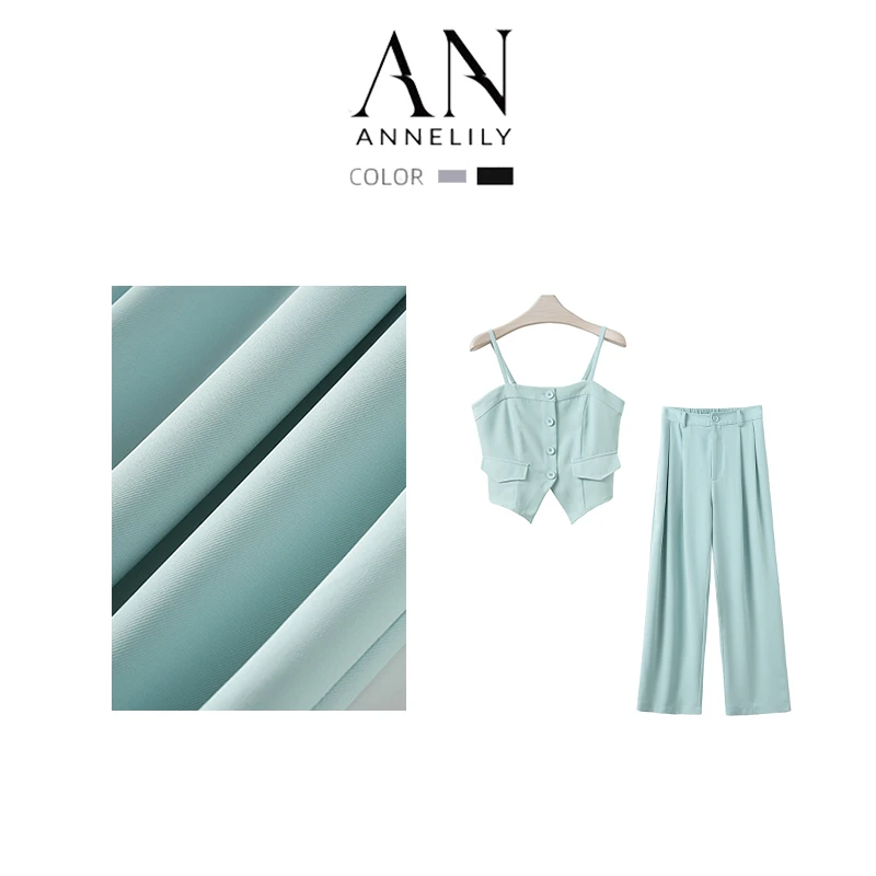 ANNELILY【轻颜】时尚设计师款夏季百搭休闲长裤套装AT2405008