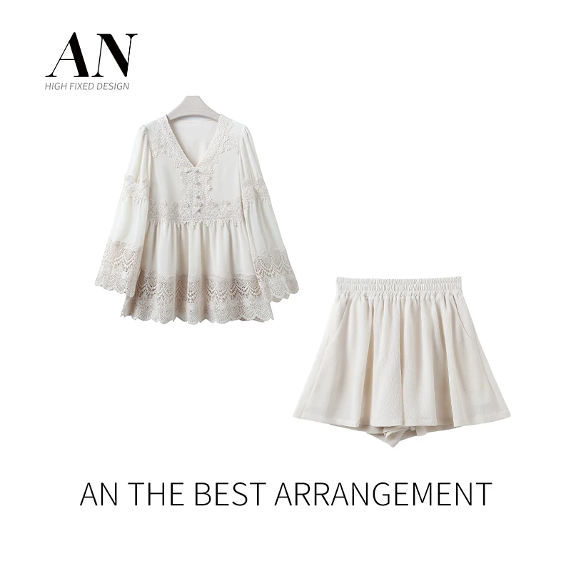 ANNELILY【婉双】古法蕾丝设计师款百搭显瘦古法蕾丝套装AT2307040