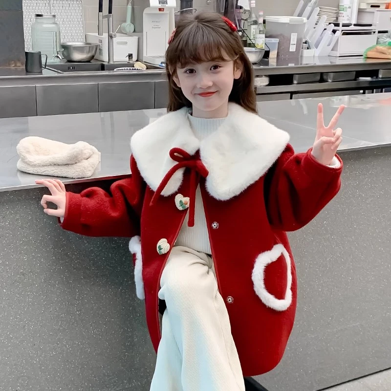 女童外套秋冬装2025新款洋气儿童呢子红色羊羔绒加厚冬季毛呢大衣