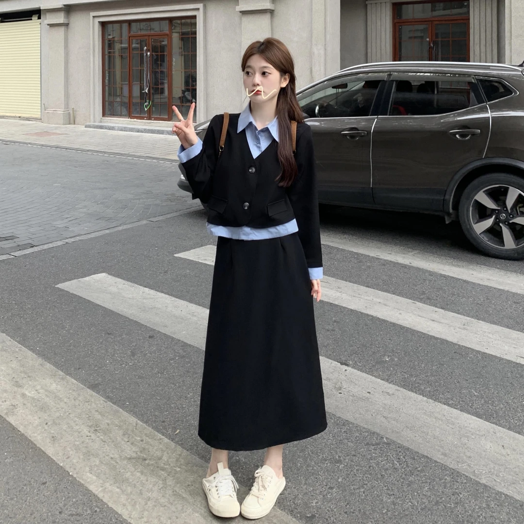 大码女装胖mm春季新款撞色衬衫西装外套长短款两件套