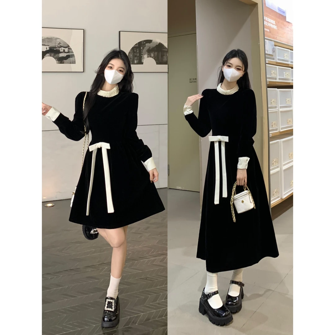 大码秋冬连衣裙女高档赫本风法式丝绒显瘦复古气质内搭长裙小黑裙