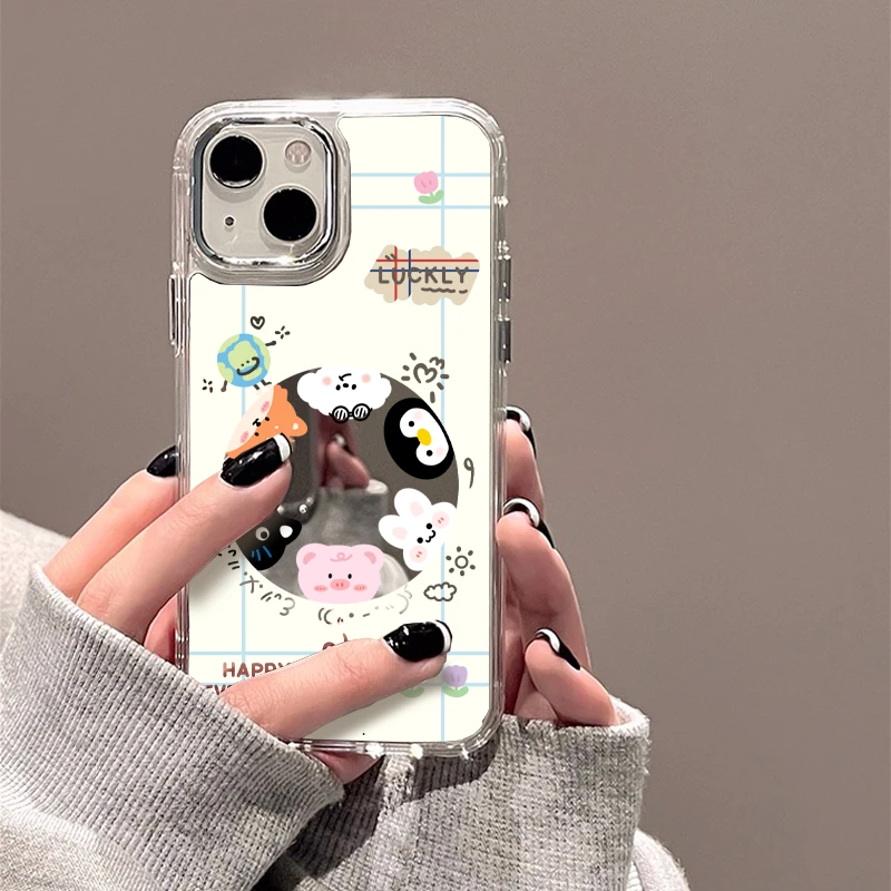 卡通动物适用苹果15华为荣耀oppo网红卡通手绘创意个性镜面手机壳