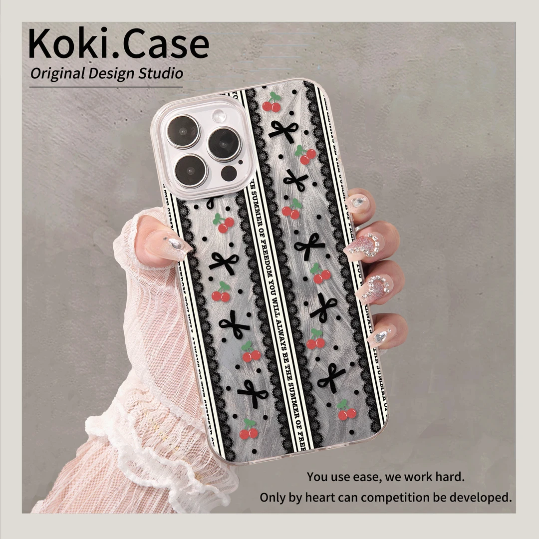 樱桃蝴蝶结适用苹果华为oppo小米vivo一加iphone15羽纱纹手机壳