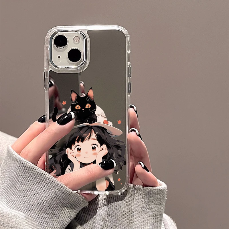 适用苹果15华为oppo小米vivo黑猫女孩卡通可爱个性女镜面手机壳