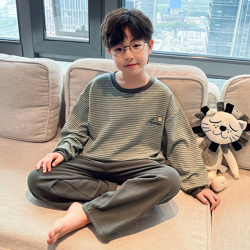 男童睡衣德绒套装6-10-12岁秋冬保暖宽松大童学生儿童家居服条纹