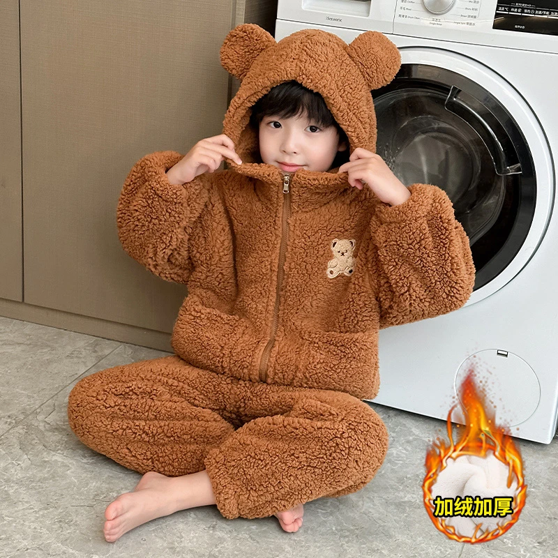 男童睡衣冬款加绒加厚双层绒复合一体连帽小熊外穿中大儿童家居服